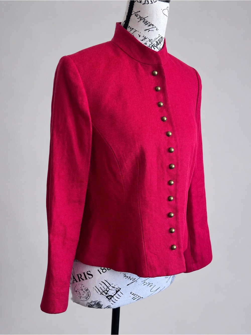 Lauren Ralph Lauren Petite 6P Red Linen Mandarin Collar Gold Button Blazer Coat